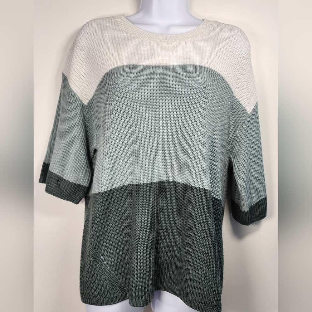 Matty M Women's Medium Colorblock Short Sleeve Knit Sweater Green‎ White